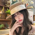 Brown woven straw boater sun hat with elegant wide cream satin ribbon bow for summer - Khaki Satin Ribbon Boater Hat (D-582)