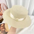Beige boater straw hat with matching wide satin ribbon bow for summer sun protection - Beige Band Beige Hat (D-376)