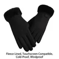 Women's black thermal winter gloves with faux fur trim and touchscreen functionality - One Size / Black with Leather Label