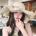 Summer lace straw sun hat with floral accents in creamy white for women's beach vacation - D-507 Off-white Lace Peony / M (56-58cm)