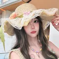 Summer straw hat with lace brim, floral accents and a vibrant green ribbon detail - D-507 Beige Lace Peony / M (56-58cm)