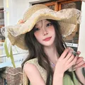 Women summer straw sun hat with white lace trim and pink flower decoration for beach - D-507 Khaki Lace Peony / M (56-58cm)