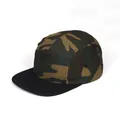 Detail of 5-panel camping hat with forest camouflage pattern and flat black brim - Camo + Black Brim