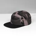 Side view of five-panel camper hat with camouflage pattern and black flat brim - Grey Camo + Black Brim