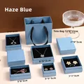 Haze blue jewelry gift box and paper handbag set with black velvet foam lining - Senrong Paper Hazy Blue; 5*8*3cm