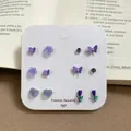 Purple floral earring set with hearts and butterflies on jewelry card, 6 pairs - ZS5 Purple Tulip / 6 Pairs Set