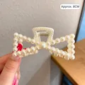 Elegant 8cm bow hair claw clip with white faux pearls for minimalist hairstyles - Artificial Pearl Bowknot Claw Clip (13#)