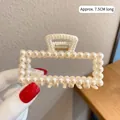 7.5cm rectangle pearl claw clip with white faux pearls and metallic spring fastener - Artificial Pearl Rectangle Claw Clip (14#)