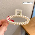 Elegant 7.5cm white faux pearl hair claw clip with a secure double-row oval frame design - Artificial Pearl Oval Claw Clip (16#)