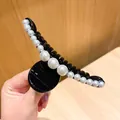 Elegant glossy black hair claw clip with a row of white faux pearls for women - Black Artificial Pearl Hair Clip 9cm (25#)