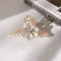 Orange flower hair claw clip with white camellia and pearls for women's hairstyling - Artificial Pearl Camellia Claw Clip (30#)