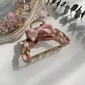 Pink satin ribbon bow hair claw clip with golden metal chain and elegant design - Pink Bowknot Large Claw Clip (87#)