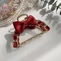 Golden metal hair claw with red satin ribbon bow and hollow chain design - Wine Red Bowknot Large Claw Clip (88#)