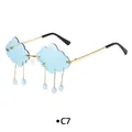 Cloud shaped light blue rimless sunglasses with dangling raindrop pendants and gold metal frame - Gold Frame Light Blue Lens