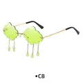 Cloud-shaped rimless sunglasses in green with gold frames and hanging raindrop beads - Gold Frame Fluorescent Green Lens