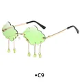 Cloud shaped rimless sunglasses with gold chain and green raindrop charms - Gold Frame Light Green Lens