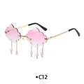 Pink gradient cloud shaped rimless sunglasses with gold chain and water drop tassels - Gold Frame Gradient Purple Lens