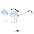 Cloud-shaped rimless sunglasses in blue gradient with gold chain and teardrop charms - Gold Frame Gradient Blue Lens