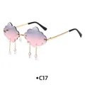 Cloud shaped rimless sunglasses with pink gradient lenses and hanging raindrop charms - Gold Frame Gray Pink Gradient Lens