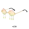 Cloud-shaped rimless sunglasses with colorful gradient lenses and gold chain teardrop charms - Gold Frame Pink Yellow Green Gradient Lens