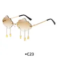 Cloud shaped rimless sunglasses with gradient brown lenses and golden raindrop charms - Gold Frame Gradient Brown Lens
