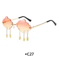 Cloud shaped rimless sunglasses with orange pink gradient lenses and raindrop tassels - Gold Frame Pink Yellow Gradient Lens