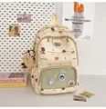 Detail of cute beige student backpack with transparent display pocket and bear charm - Yellow with Pendant
