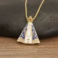 Pendente Nostra Signora di Aparecida in rame placcato oro 18K con smalto blu e cristalli - Stile Religioso Nostra Signora di Aparecida (N1916)