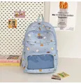 Detail of light blue school backpack with cute animal prints and transparent mesh front pocket - Blue