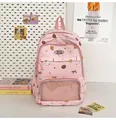 Pink waterproof nylon schoolbag with cute animal patterns and large mesh window pocket - Pink