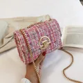 Pink and purple tweed chain shoulder bag with gold metal hardware and rotary buckle - Pink