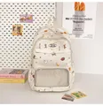 Cream white cartoon school backpack with cute puppy prints and clear display pocket - White
