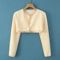 Beige thickened fleece shoulder warmer shrug with long sleeves and buttons for winter - M / Long Sleeve Round Neck / Nude
