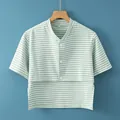 Short sleeve nursing wrap top with green and white stripes and button-front design - M / Dralon Short Sleeve Blue Striped