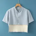 Light blue shoulder warmer vest with ribbed collar and three white buttons for elderly women - M / Dralon Short Sleeve (Solid Blue)