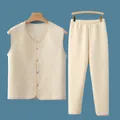 Quilted warm thermal loungewear set with V-neck button vest and long pants in beige - Vest And Pants