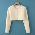 Quilted cream warm shoulder shrug wrap with wood buttons and long sleeves for winter - L / Long Sleeve Round Neck Top