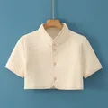 Padded off-white quilted vest for shoulder warmth with subtle yellow stripes and high neck - L / Short Sleeve Stand Collar Top