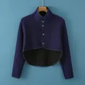 Thick navy blue thermal shoulder wrap with high collar and front buttons - M / Stand-up Collar Long Sleeves / Navy Blue
