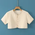 Short-sleeve beige waffle knit baby cardigan with natural wood buttons in cream color - L / Short Sleeve Round Neck Top