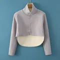 Lavender thermal shoulder wrap with thick velvet lining and three-button closure - M / Stand-up Collar Long Sleeves / Gray