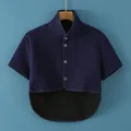 Thick navy blue thermal fleece shoulder wrap vest with buttons for elderly women - M / Stand Collar Short Sleeve / Navy Blue