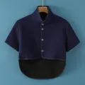 Thick navy flannel shoulder warmer with stand collar and single-breasted buttons - M / Dralon Fleece Short Sleeve / Navy Blue