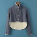Gray-blue flannel shoulder wrap jacket with thick lining and stand collar detail - M / Dralon Back Patch Long Sleeve / Gray
