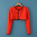 Bright orange-red warm shoulder wrap with black trim and buttons for neck protection - M / Long Sleeve Round Neck / Orange Red