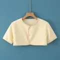 Short sleeve light yellow fleece thermal shoulder shawl with three clear buttons - M / Short Sleeve Round Neck / Nude