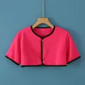 Short sleeve warm shoulder wrap in rose red with pink fleece lining and button closure - M / Short Sleeve Round Neck / Pink