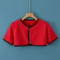Short red fleece-lined shoulder wrap cardigan with black trim and buttons - M / Short Sleeve Round Neck / Burgundy