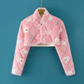 Pink quilted mink fleece shoulder warmer for kids with cute bunny print and warm lining - M (40-50kg)