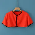 Fleece-lined orange thermal shoulder wrap with black trim and three button closure - M / Short Sleeve Round Neck / Orange Red
